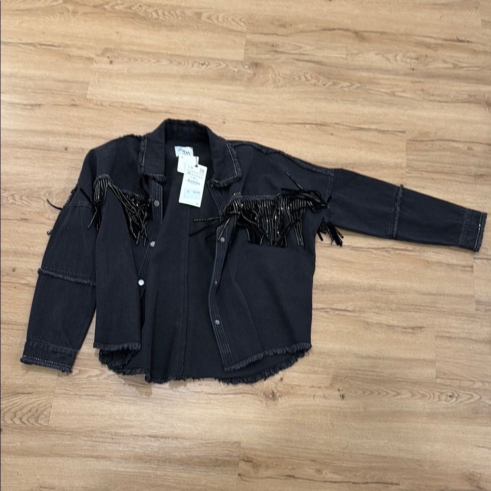 Fringe Embellished Black Denim Jacket